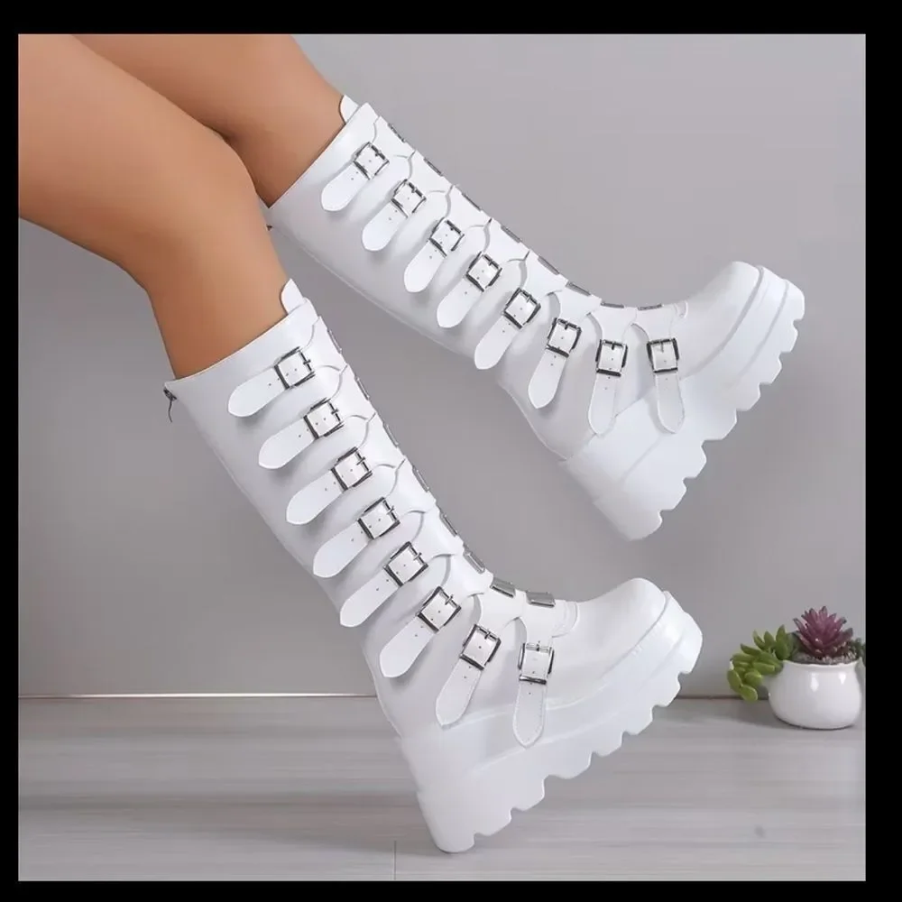 MISSLOOK White Over the Knee Buckle Boots